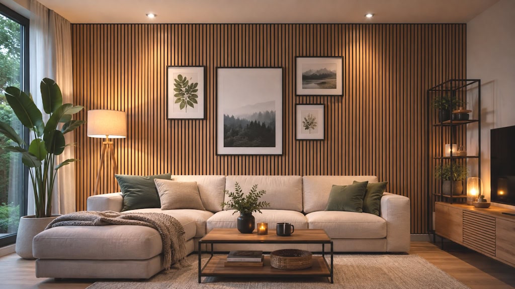 Akustikpaneele mit Bildern im Wohnzimmer